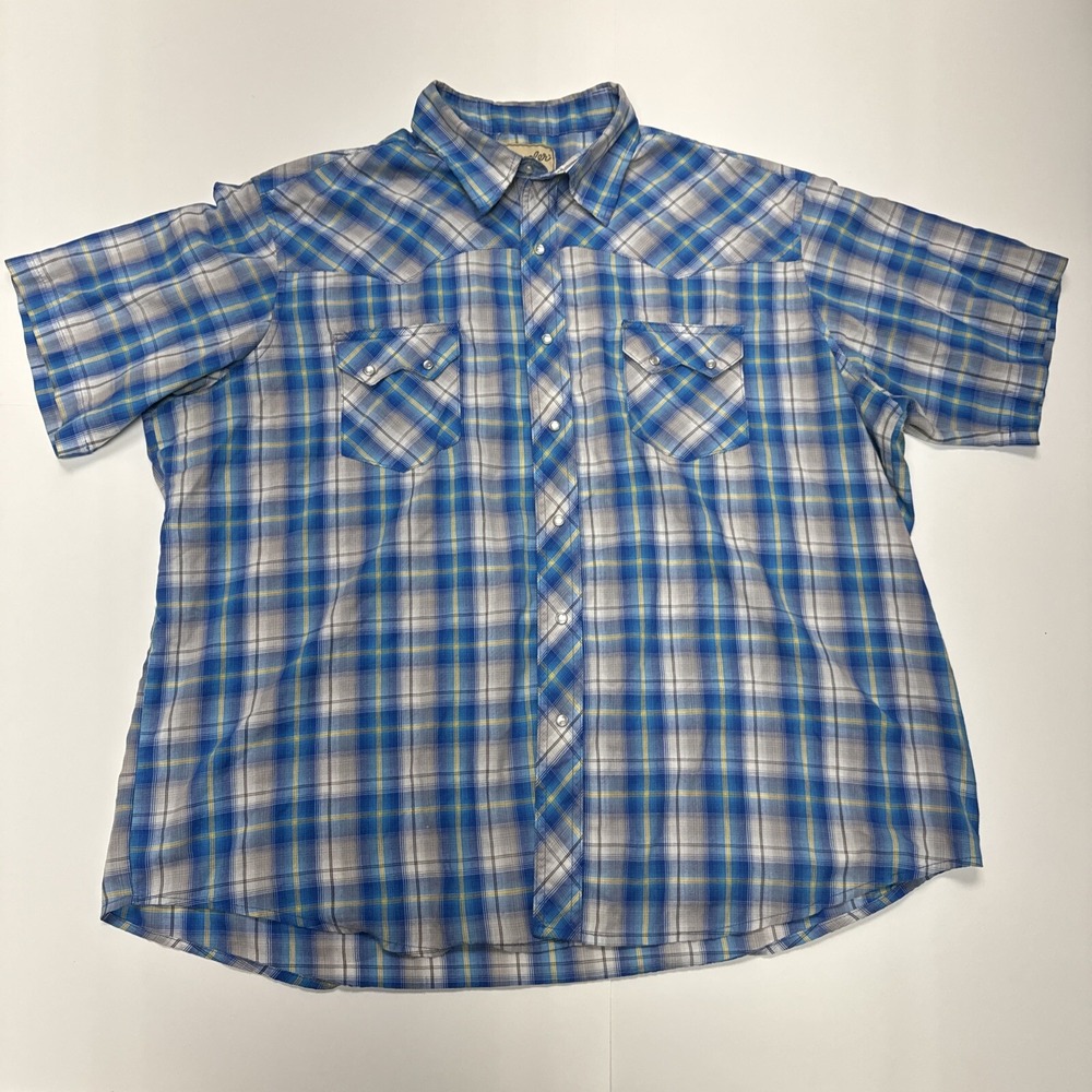Wrangler-Mens Short Sleeve Western Pearl Snap Shirt, 2XL, Blue Plaid‎